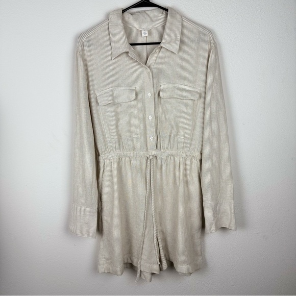 NWT Caslon Stripe Long Sleeve Linen Blend Romper Tan Safari - White Leah Stripe - Picture 3 of 12
